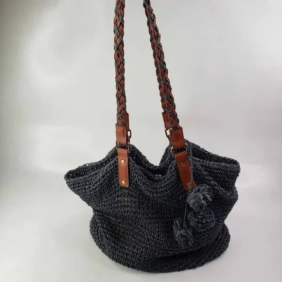 Tommy Bahama Women's Navy Blue Crochet Leather Braided Handle Shoulder Bag - Picture 2 of 9